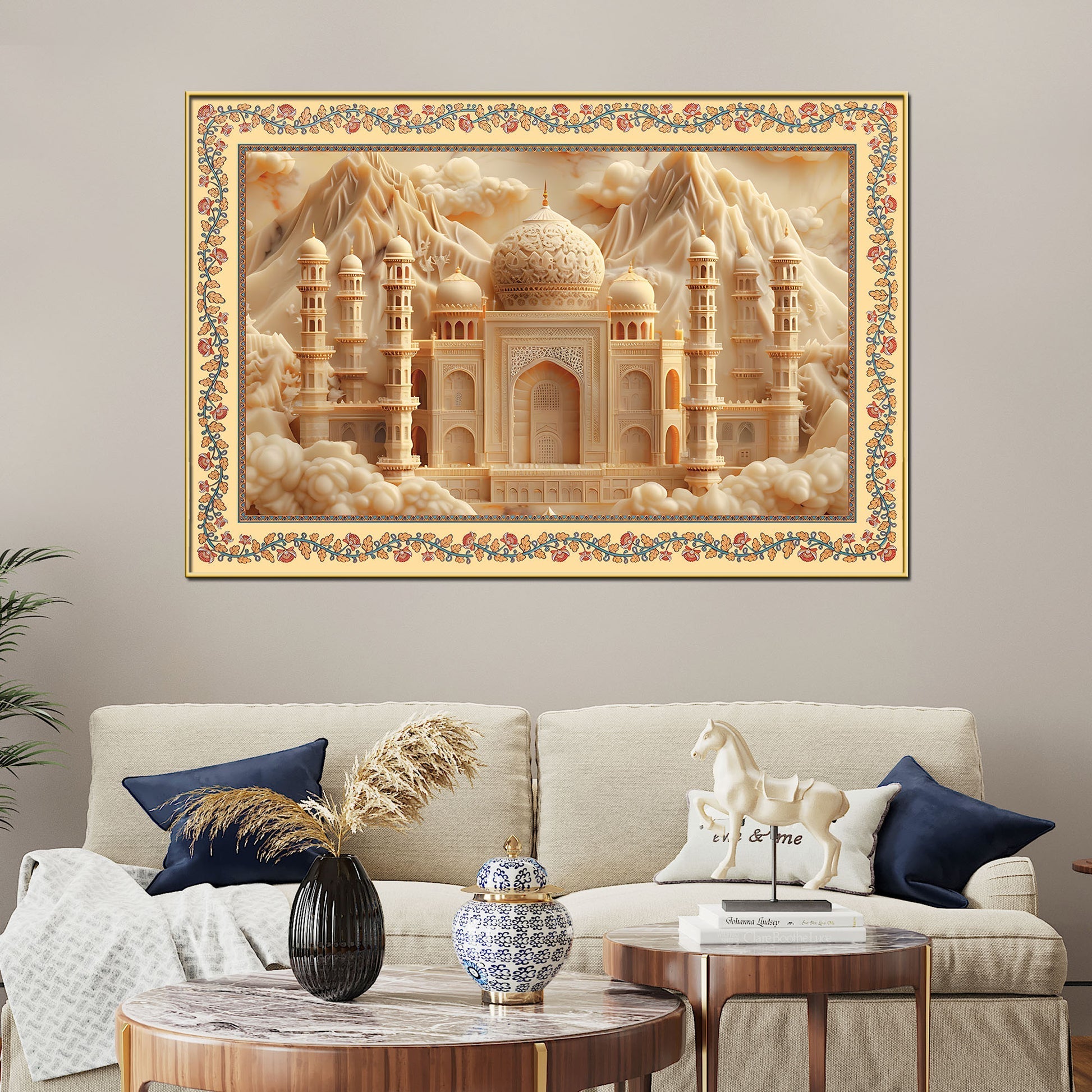 Taj Mahal Majestic Mosque Floral Border Canvas Wall Painting Secondary image
