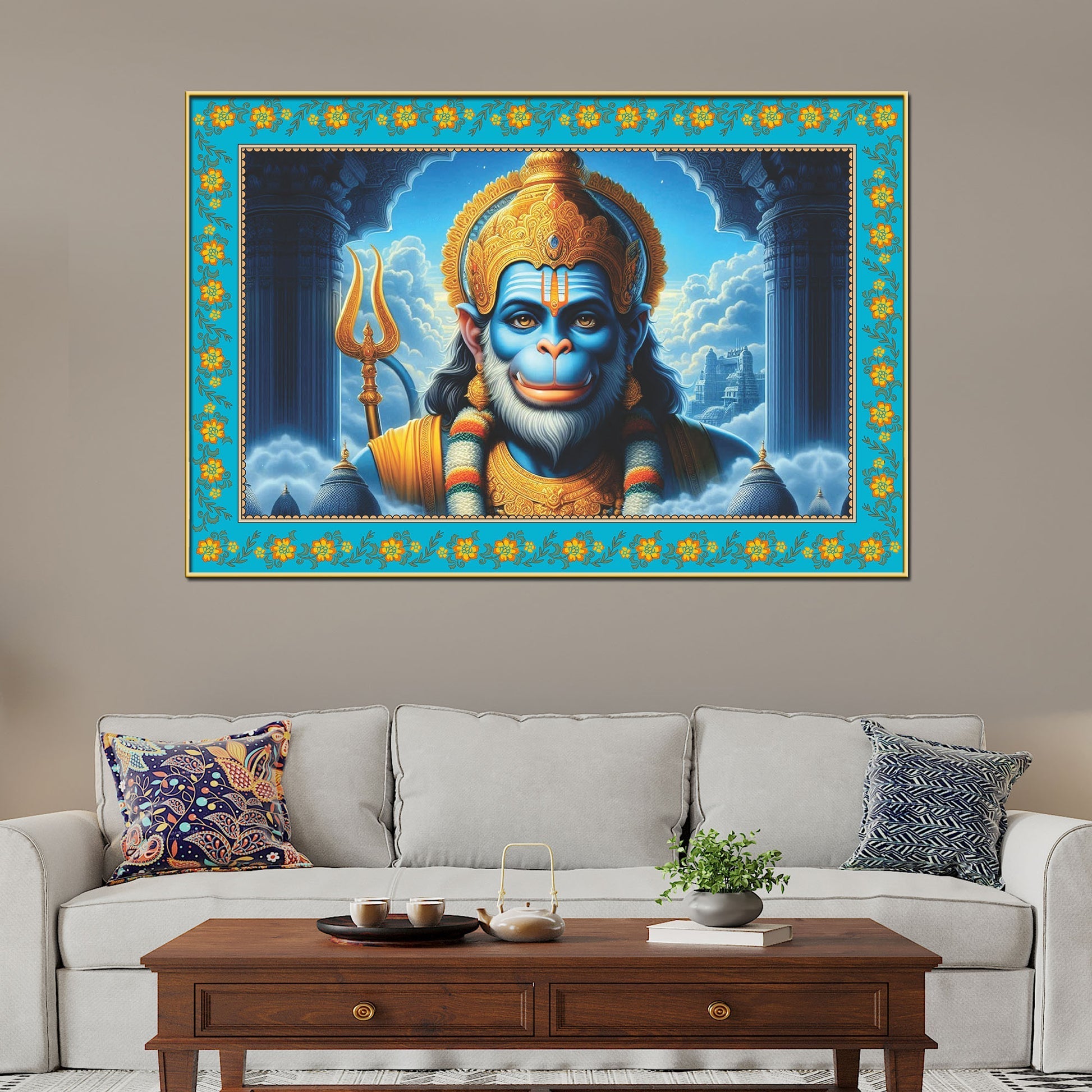 Veer Bajrangi Hanuman Floral Border Canvas Wall Painting Secondary image