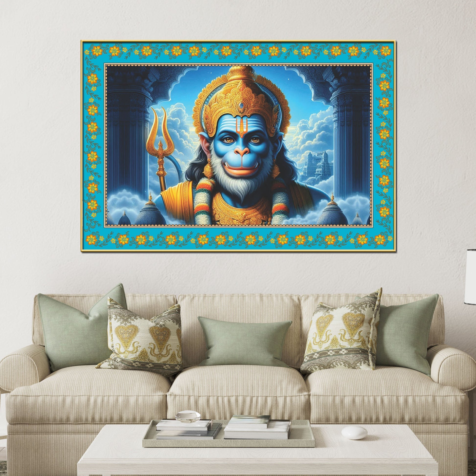 Veer Bajrangi Hanuman Floral Border Canvas Wall Painting