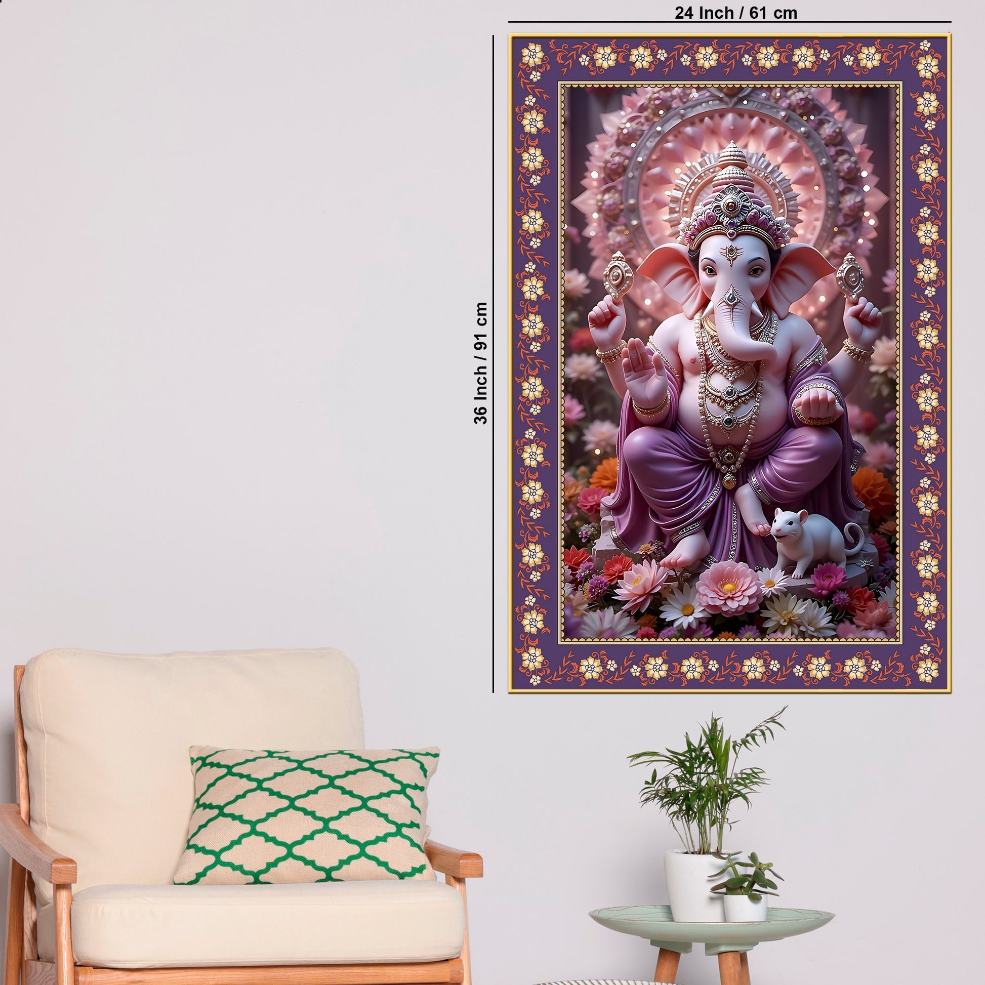 Vighnaharta Shree Ganesh Floral Border Vertical Wall Painting