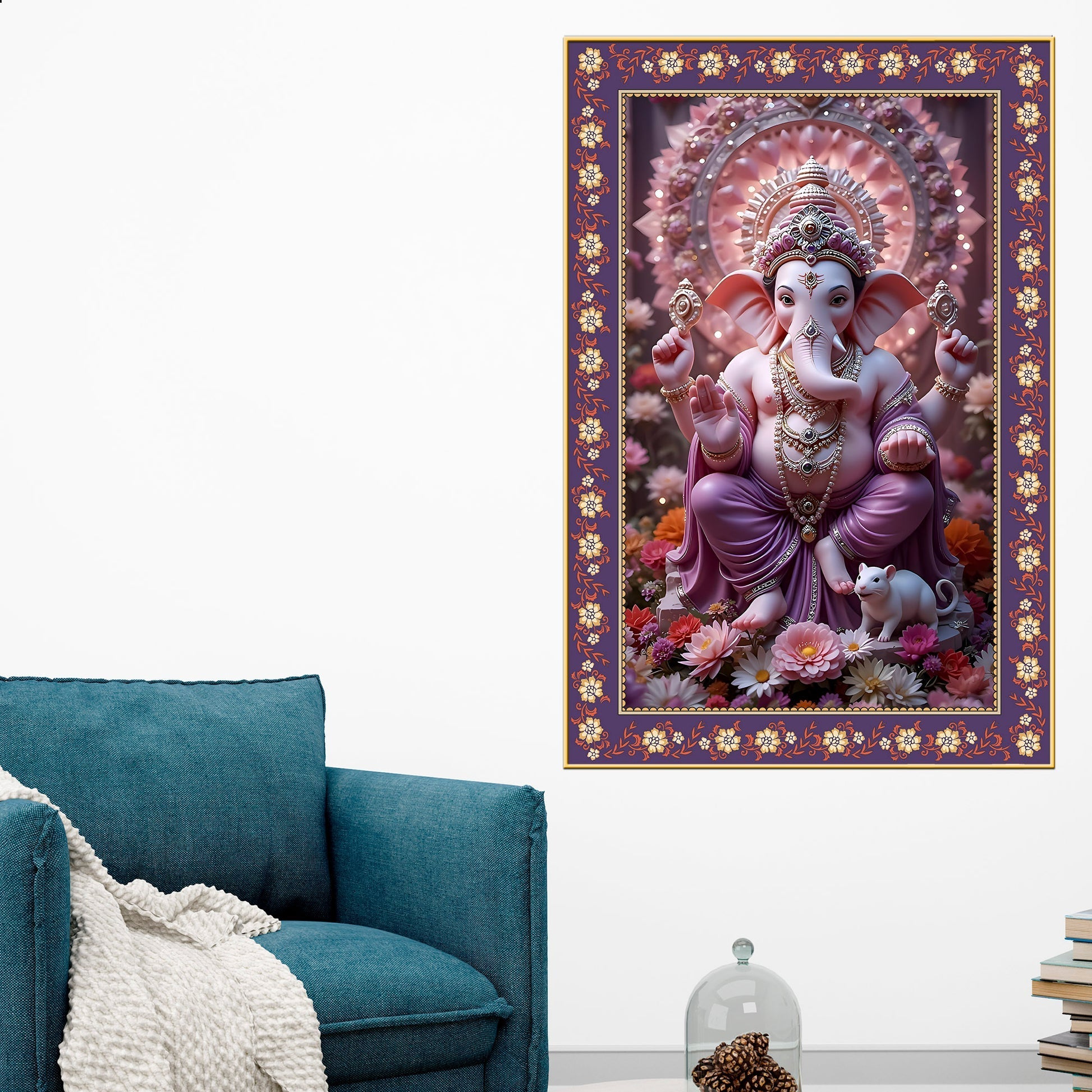 Vighnaharta Shree Ganesh Floral Border Vertical Wall Painting