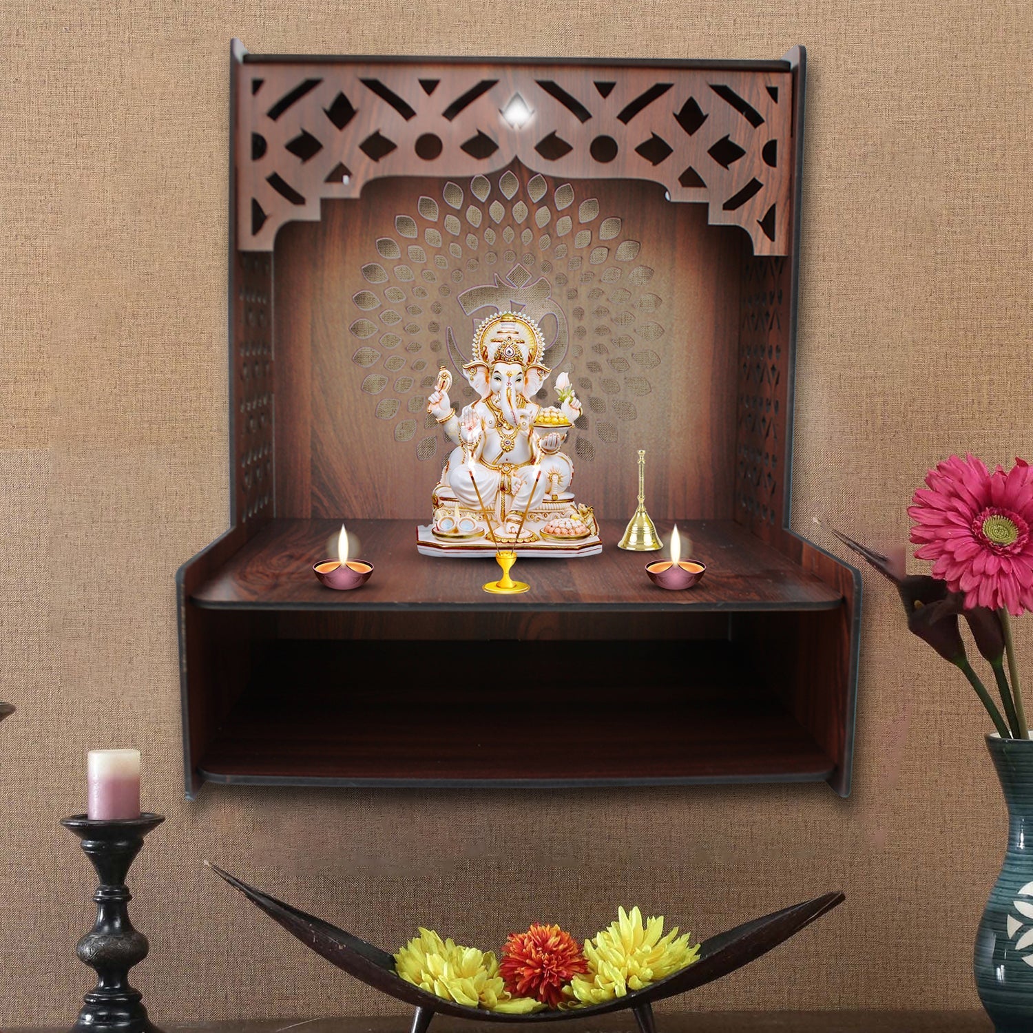 Aesthetic Space-Saving Wooden Temple for Home with Spacious Shelf & Inbuilt Focus Lights Secondary image