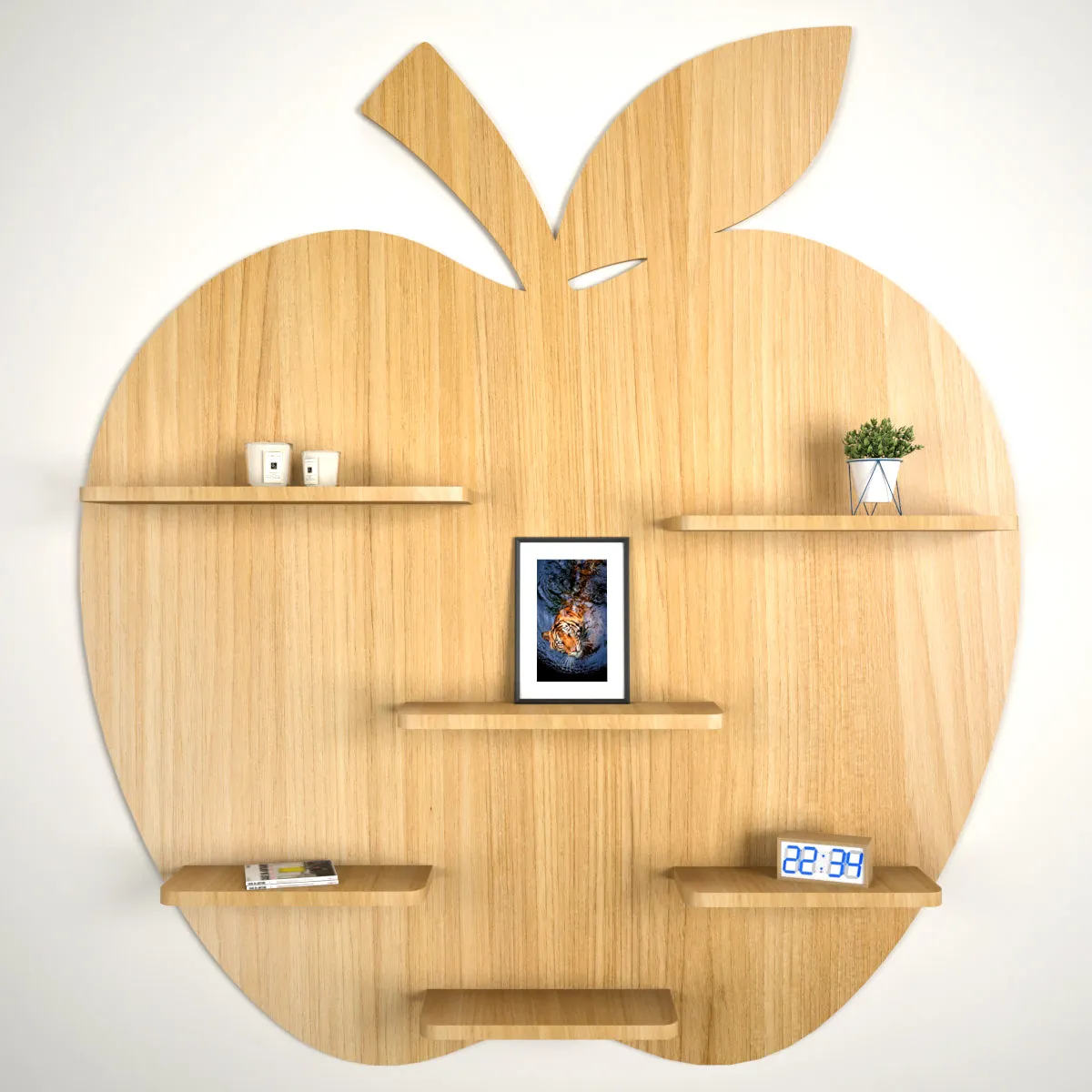 Apple Shape Backlit Wood Wall Shelf / Book Shelf / Night Light, Light Oak Finish Secondary image