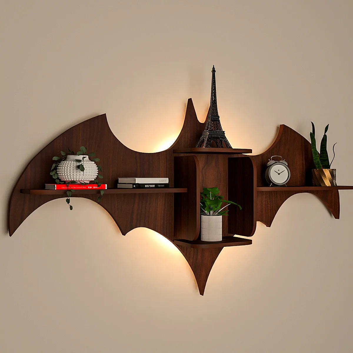 Bat Shape Backlit Wood Wall Shelf / Book Shelf / Night Light, Walnut Finish Secondary image