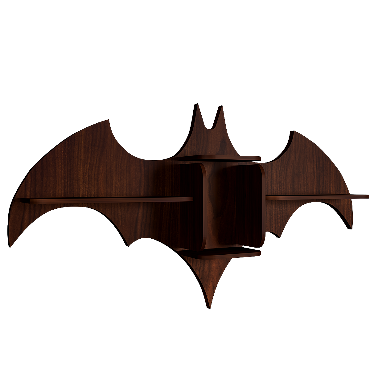 Bat Shape Backlit Wood Wall Shelf / Book Shelf / Night Light, Walnut Finish