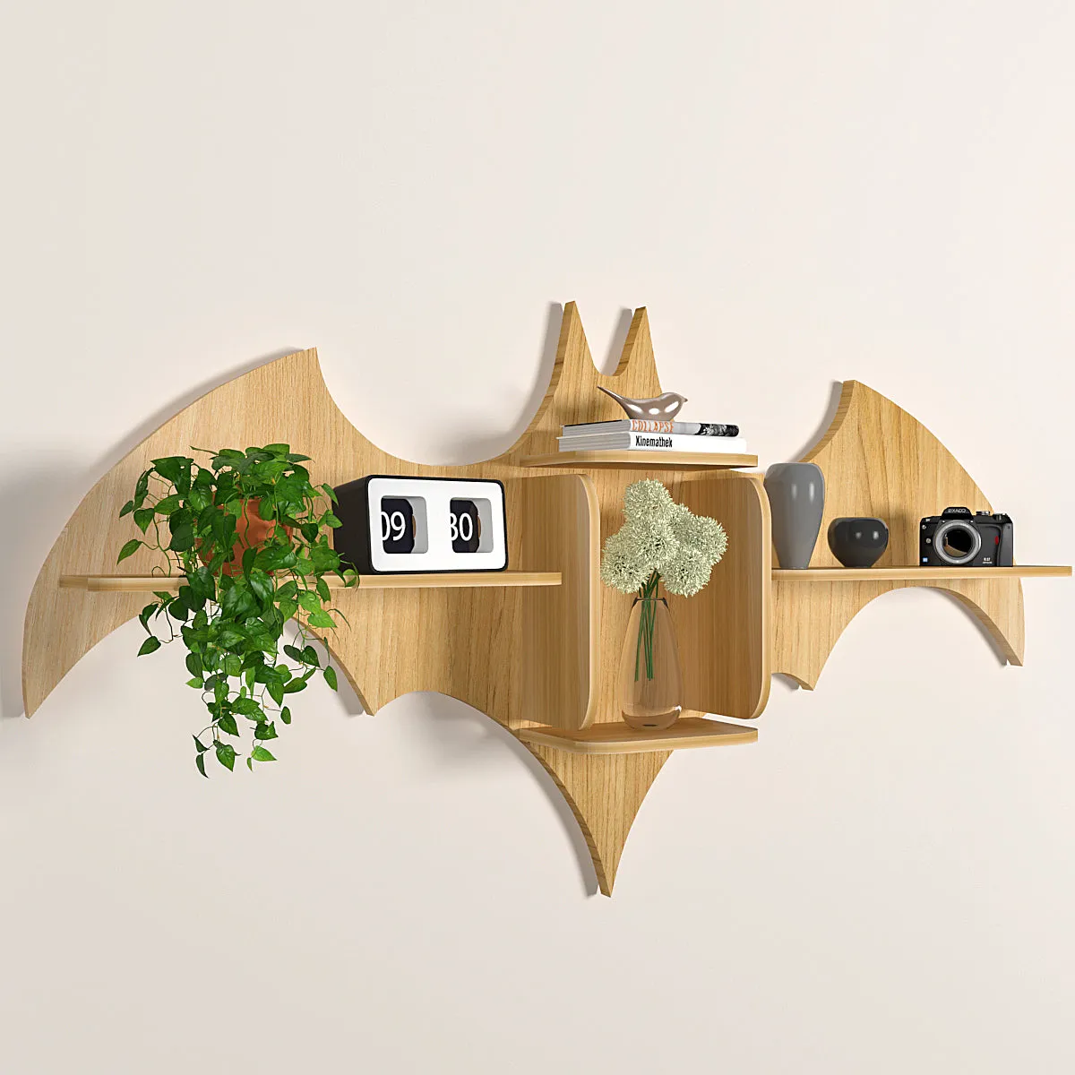 Bat Shape Wood Wall Shelf / Book Shelf / Night Light, Light Oak Finish Secondary image