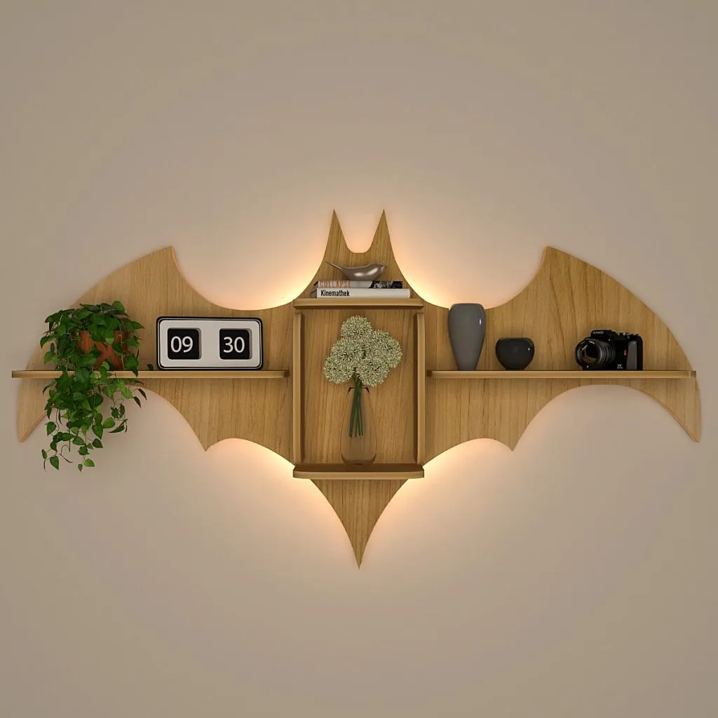 Bat Shape Wood Wall Shelf / Book Shelf / Night Light, Light Oak Finish Main image